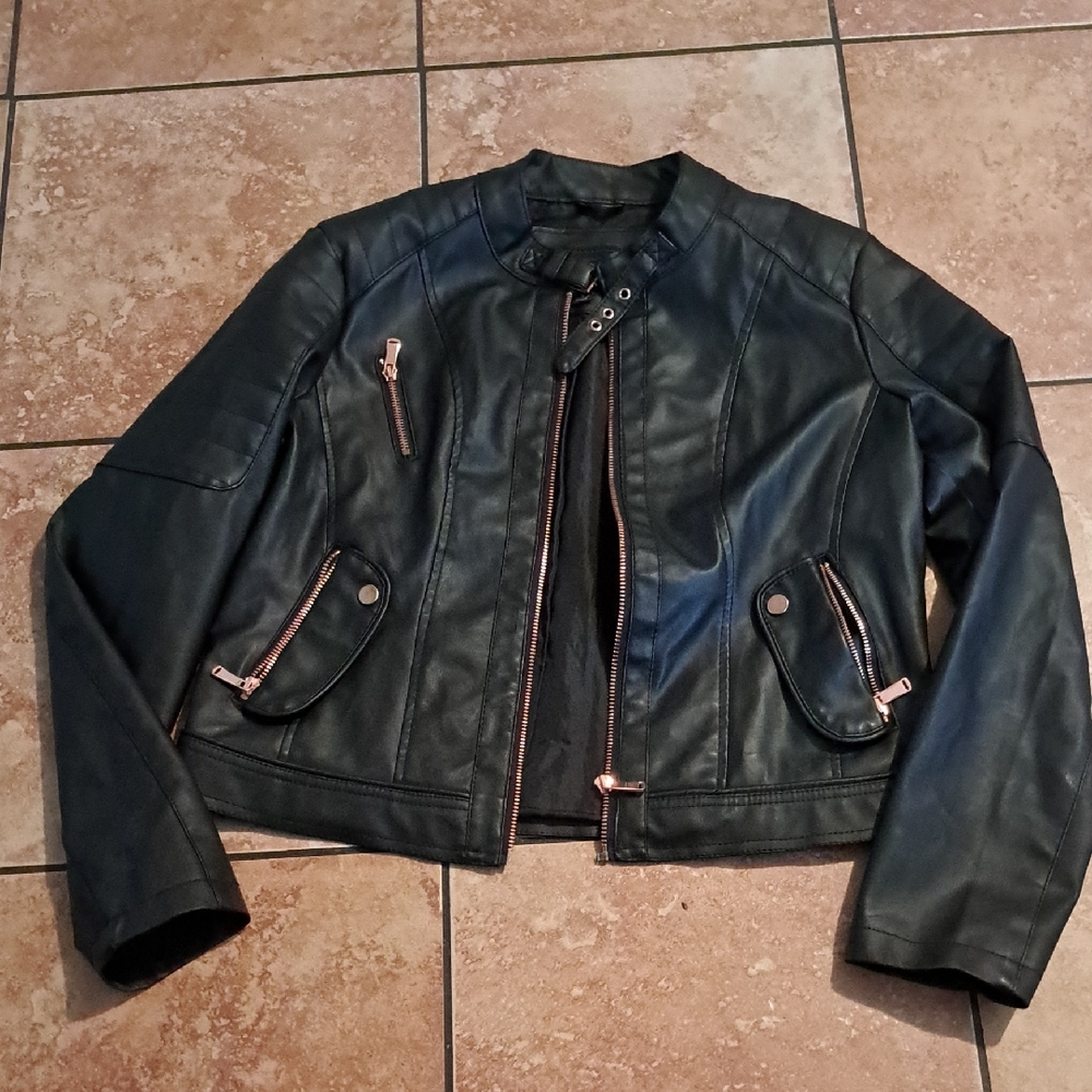 Miss London Dark Leather Jacket with Copper Accents